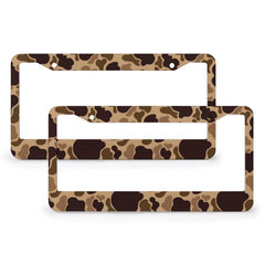 JOJOART Duck camouflage license frame front view, durable aluminum for all-weather use.