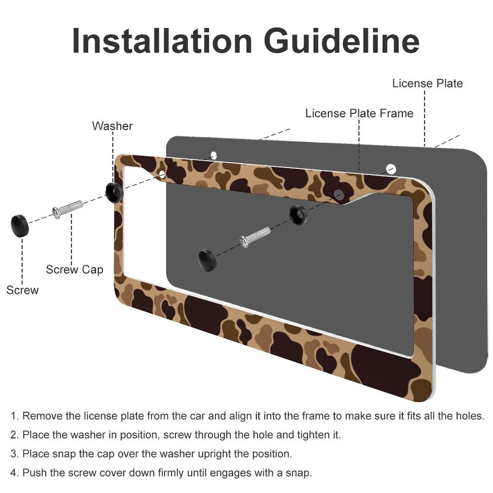 JOJOART Duck camouflage license frame side install view, easy mounting notes.