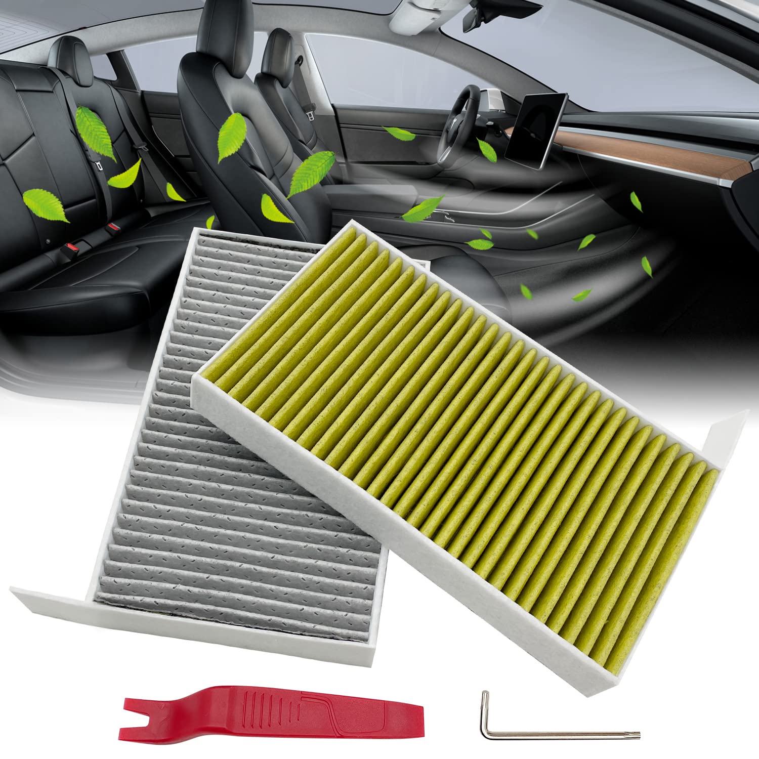 JOJOMARK cabin air filter activated carbon for Tesla Model 3/Y front view improves air freshness.