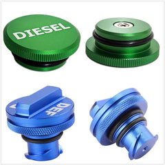 Close-up of JOJOY LUX aluminum diesel cap showing CNC precision and durable build.
