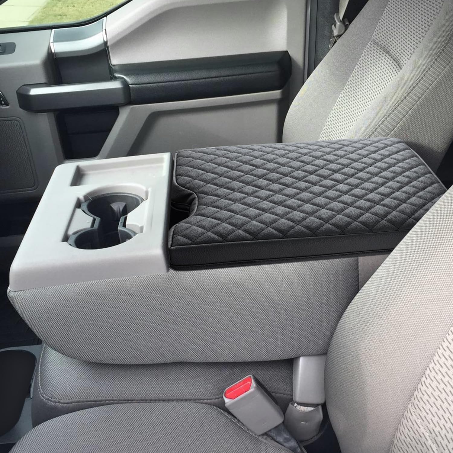 JOJOY LUX center console cover on F-150 2015-2024, edge-to-edge armrest protection.