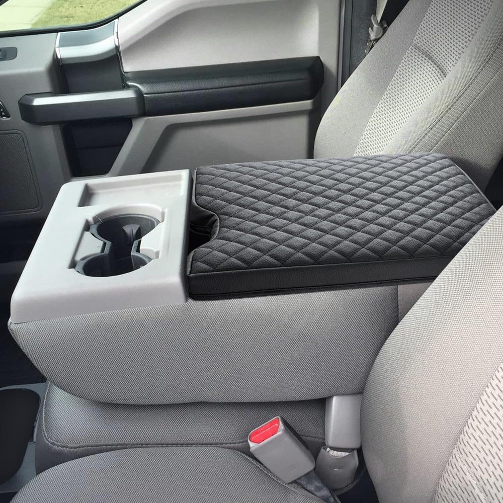 JOJOY LUX center console cover on F-150 2015-2024, edge-to-edge armrest protection.