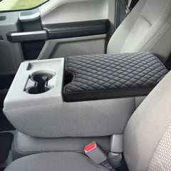 JOJOY LUX center console cover on F-150 2015-2024, edge-to-edge armrest protection.
