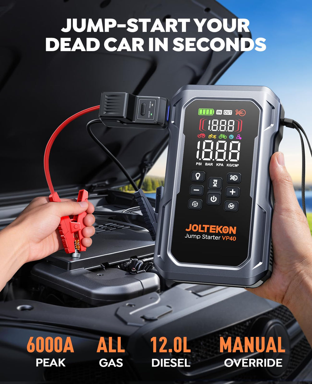 Joltekon 6000A air compressor inflates tires with precise PSI and fast inflation.