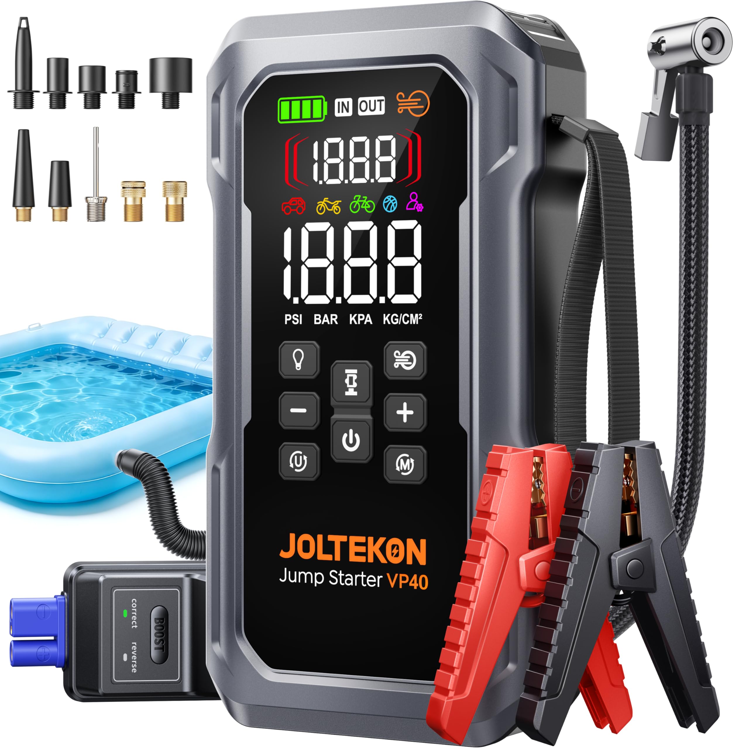 Joltekon 6000A jump starter revives a dead car battery for quick starts.