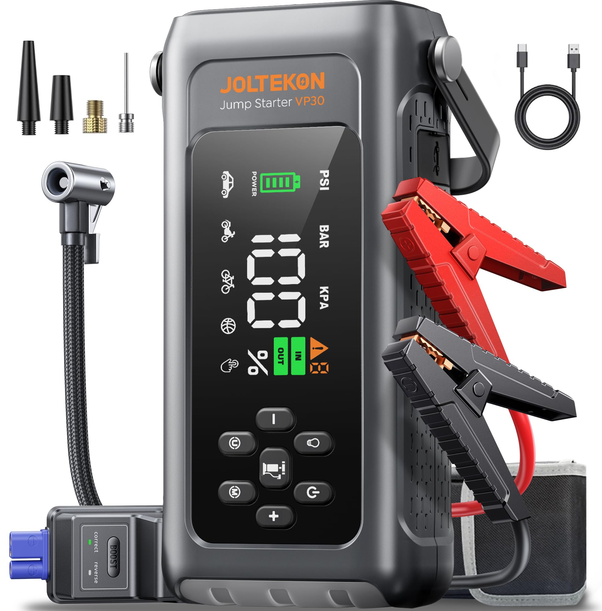 Joltekon jump starter with 8-in-1 functions for roadside boosts.