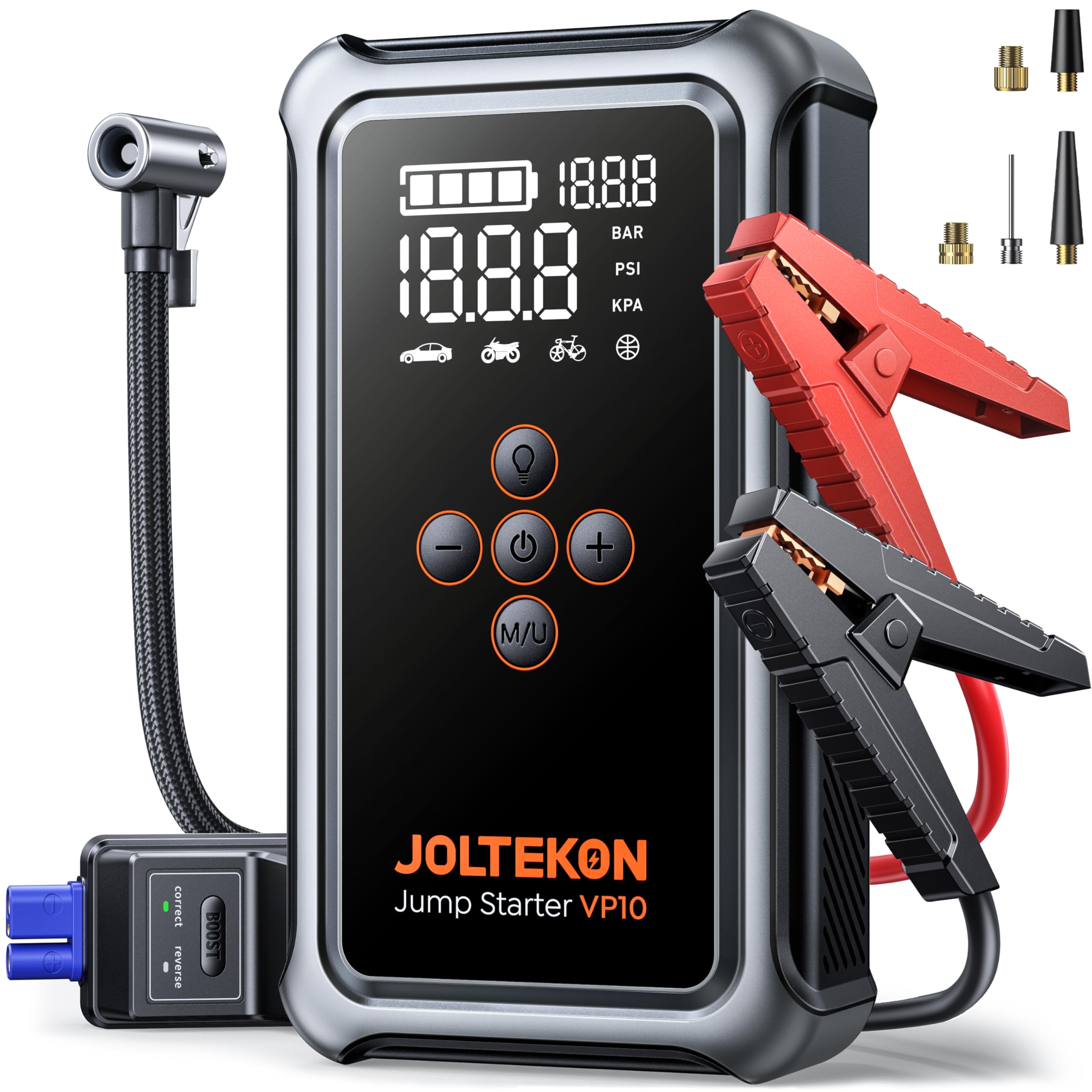 Joltekon jump starter with air compressor front view for on-the-go power and quick tire inflation