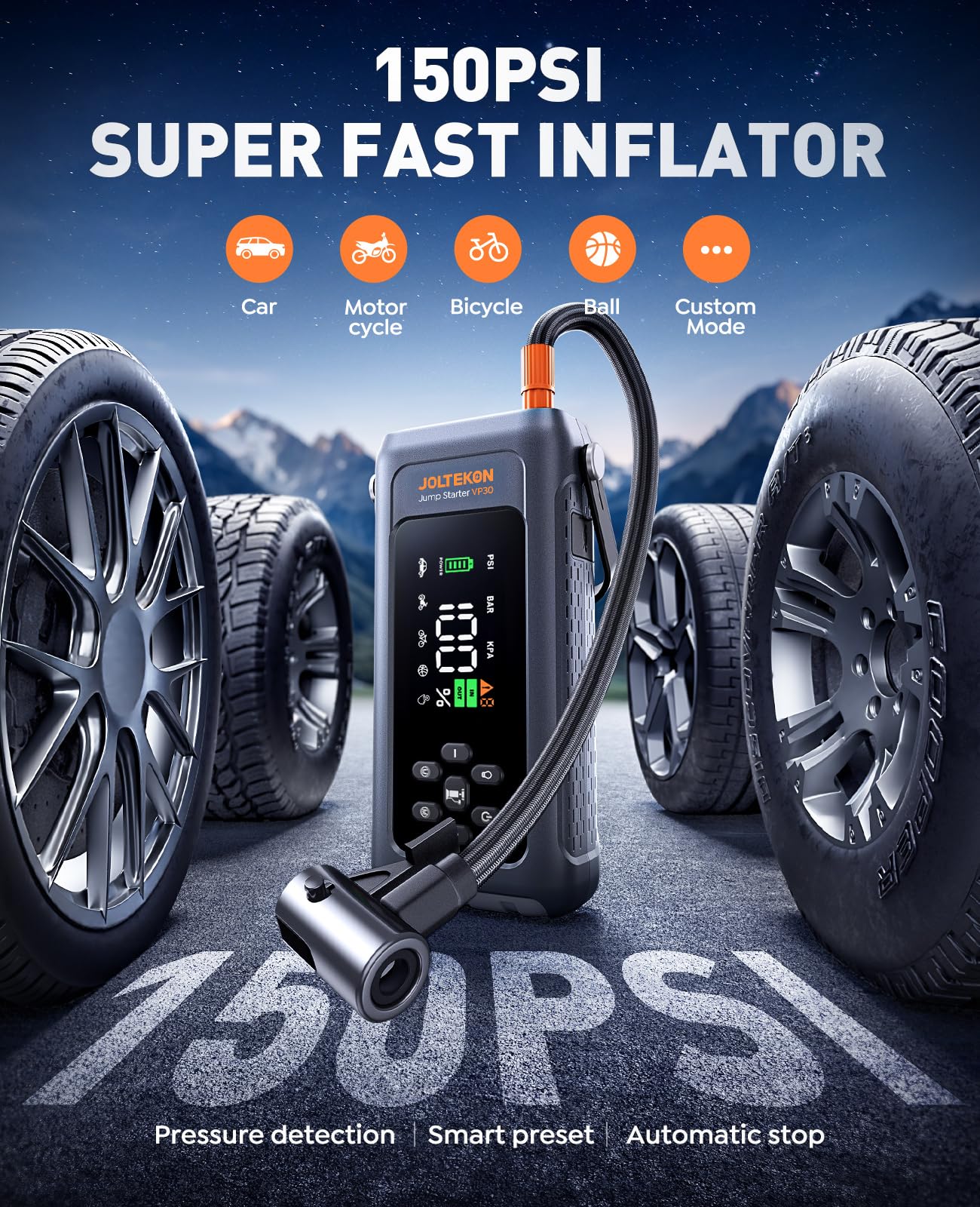Joltekon inflation nozzle attachments for various tires and inflatables.