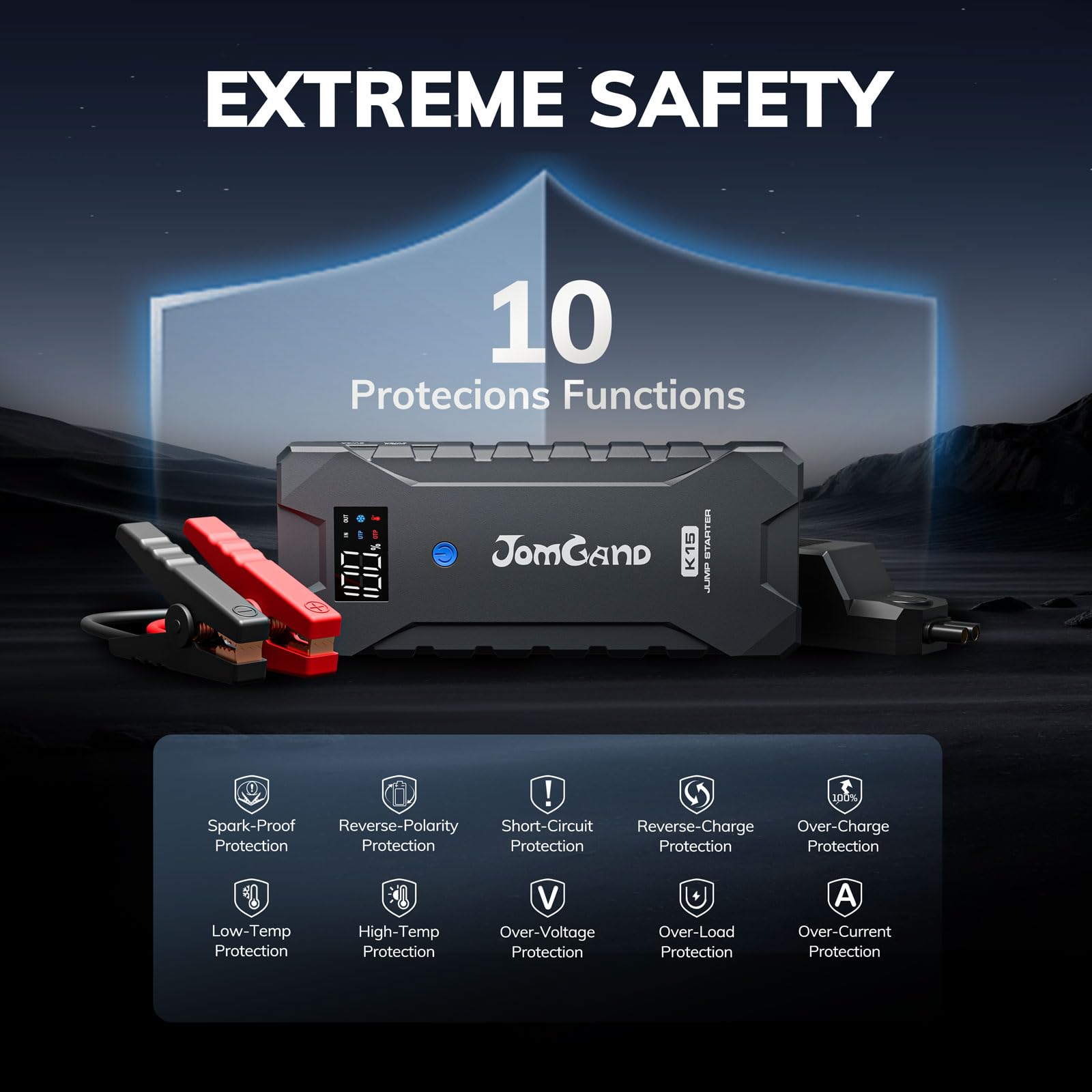 Jomgand K15 digital display close-up shows battery status and safety cues.