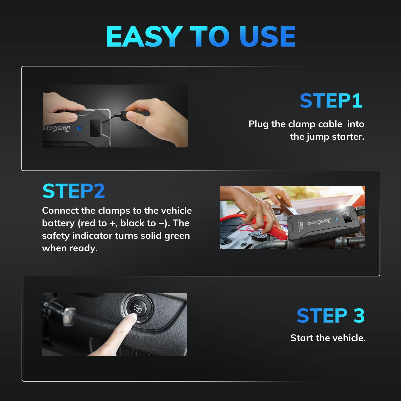Jomgand K15 smart jumper cable enables safe, quick vehicle boosts.