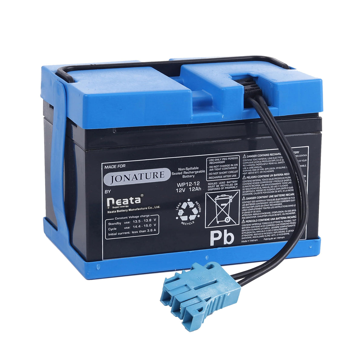 Jonature 12V 12Ah battery for Peg Perego, ready to install on ride-on toys.