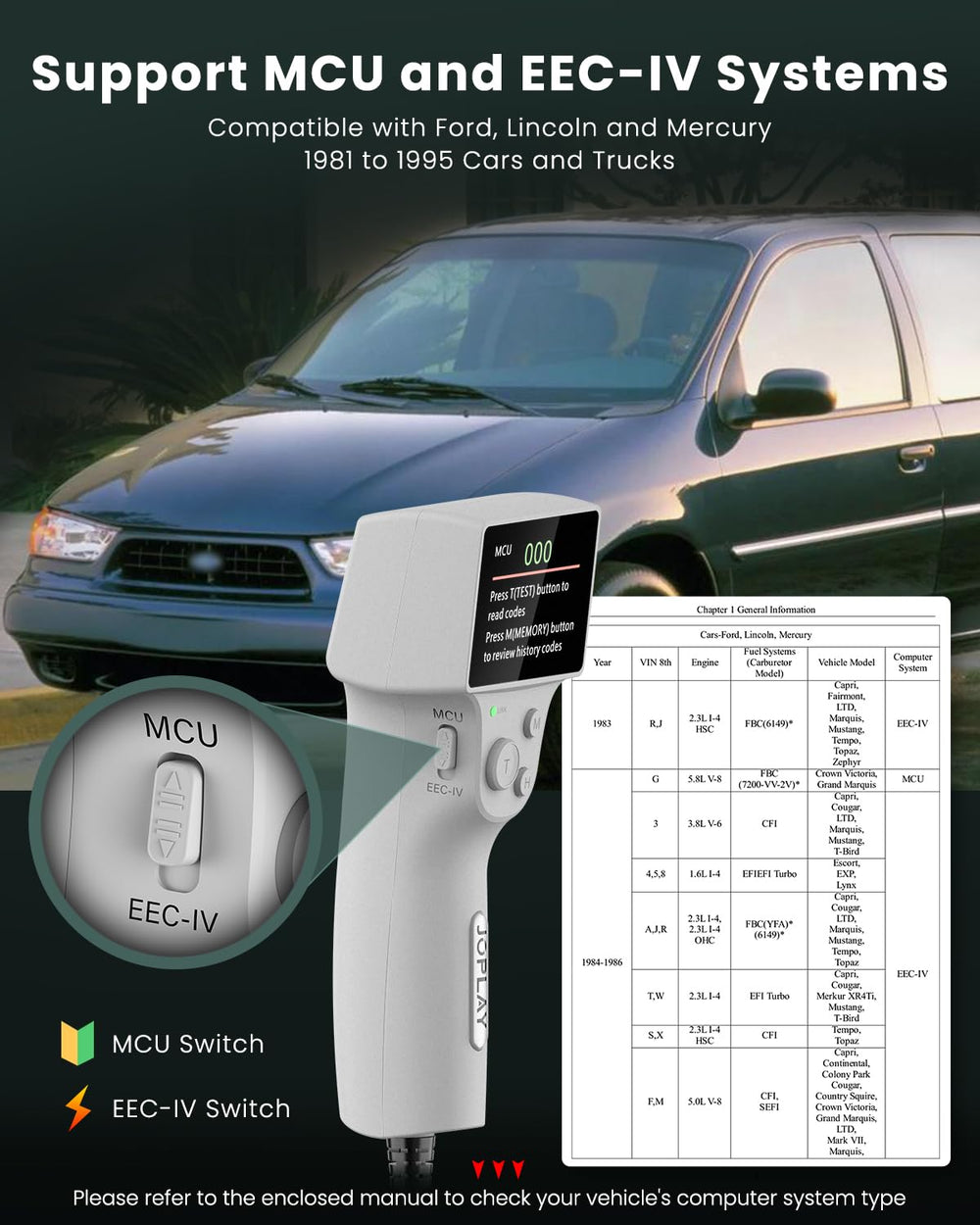 JOPLAY OBD1 code reader performs KOEO, KOER, and CM tests for diagnostics.
