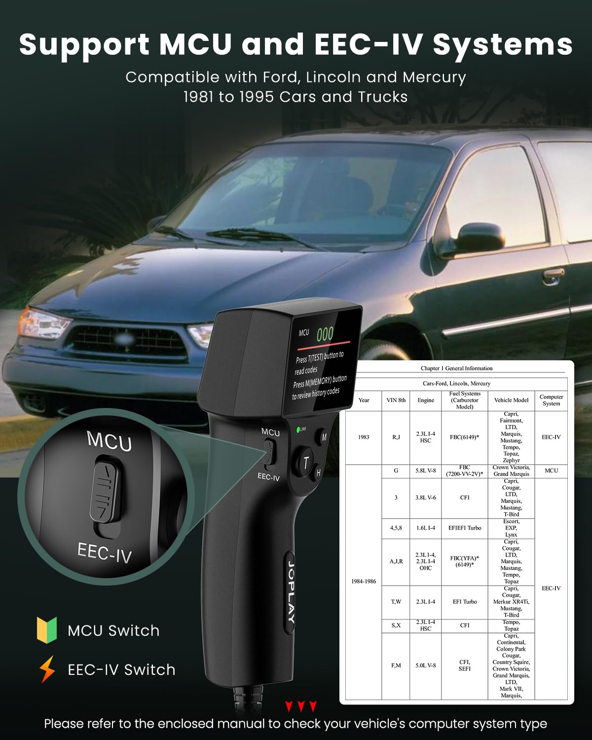 Joplay OBD1 displays KOEO KOER CM tests for in-depth self-diagnostics.