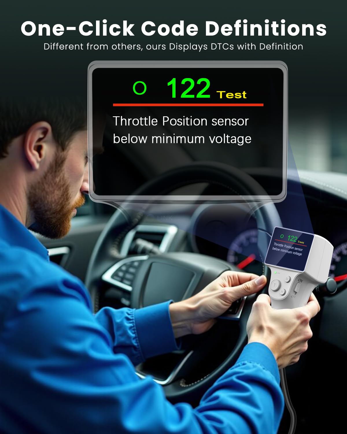 JOPLAY OBD1 code reader LCD display provides instant code definitions.
