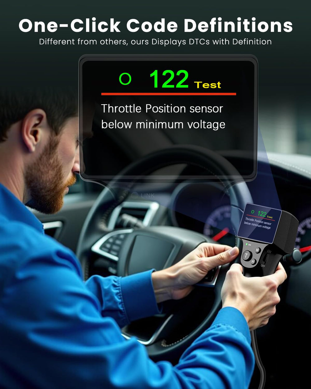 Joplay OBD1 with LCD screen definitions simplifies code lookup during diagnostics.