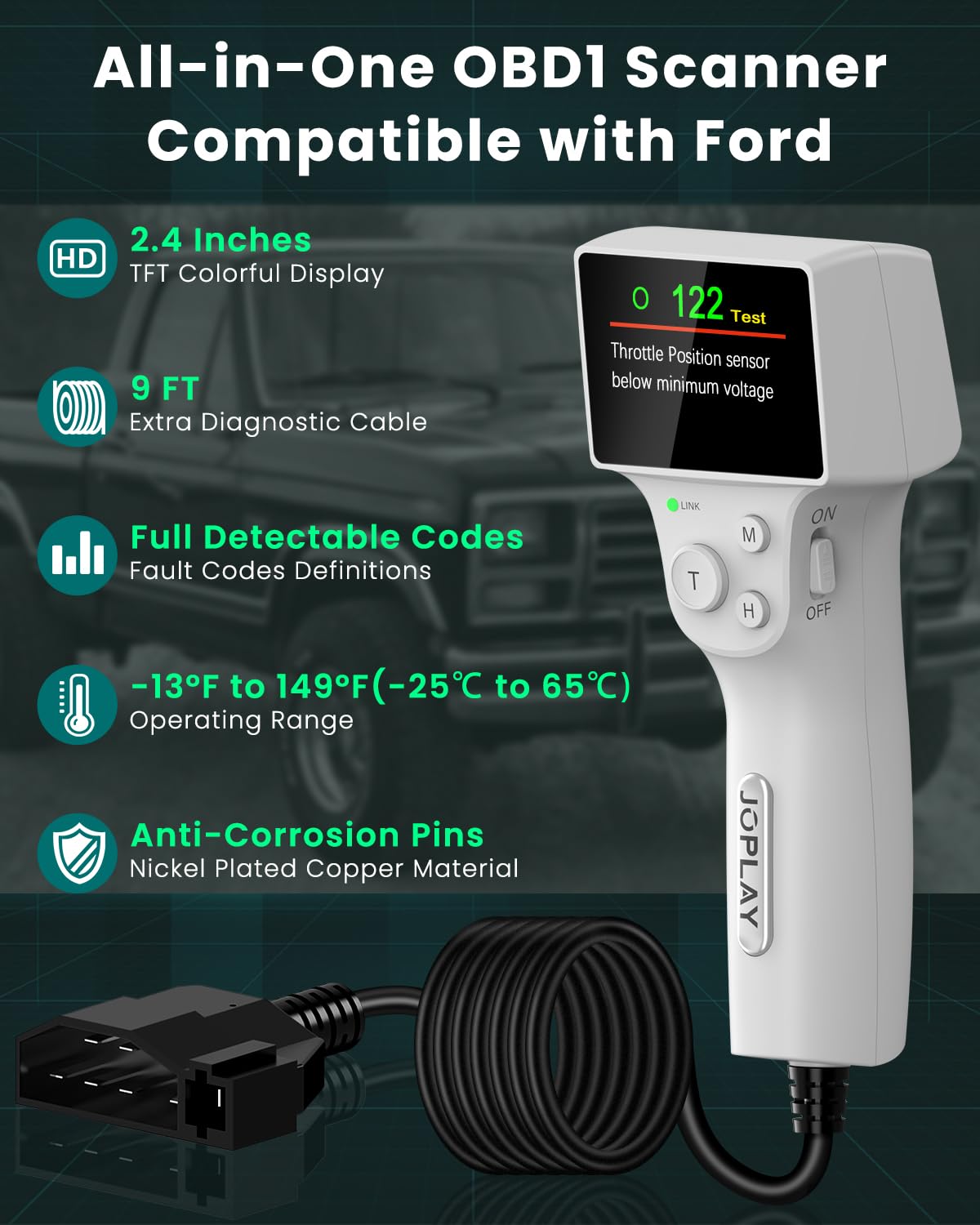 JOPLAY OBD1 code reader features reinforced pins for durable connections.