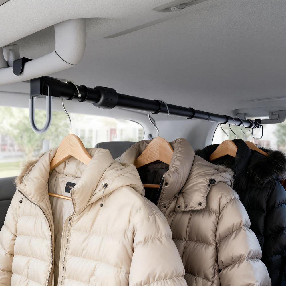 Josmimic adjustable car hanger bar 35-60 inches keeps clothes organized on road trips.