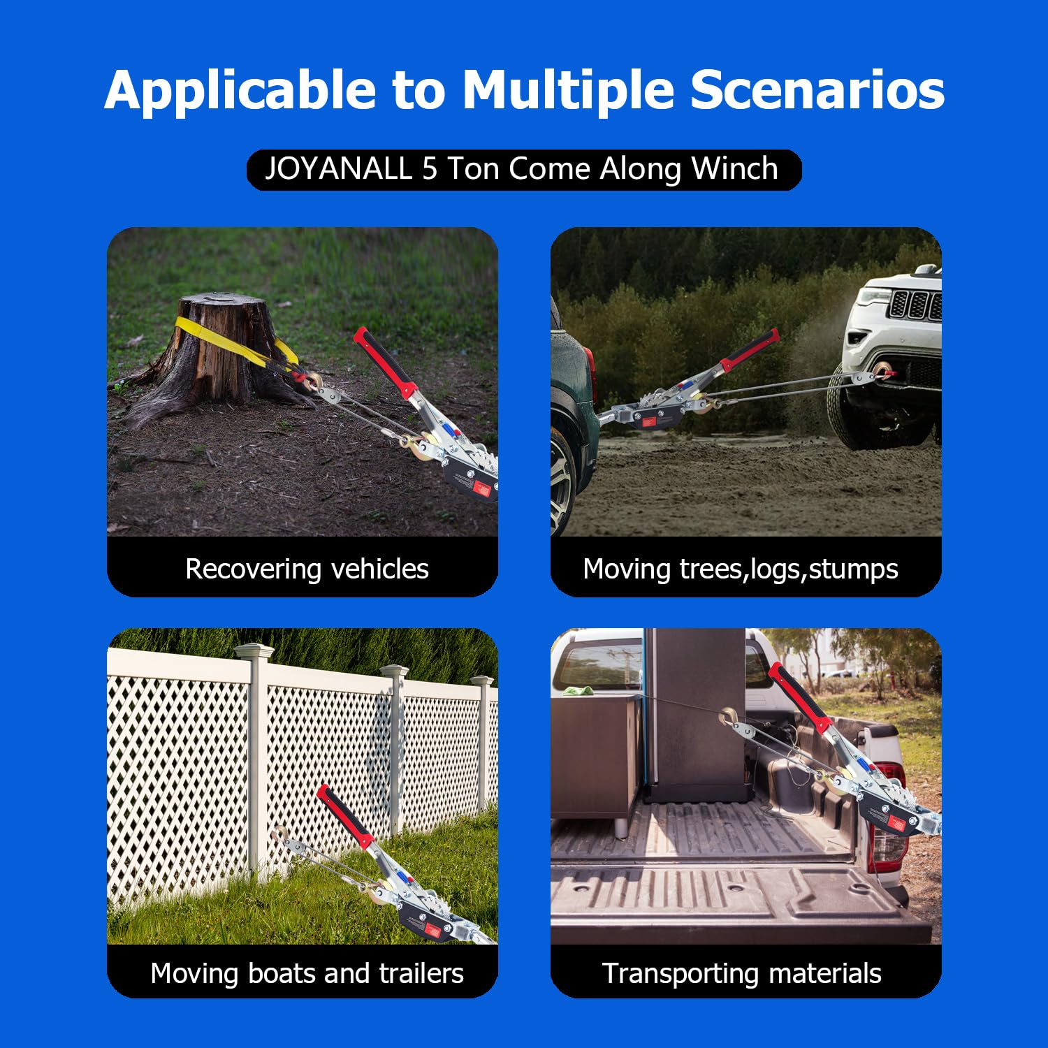 JOYANALL Come Along Winch eighteen-inch handle reduces effort for easier pulling.