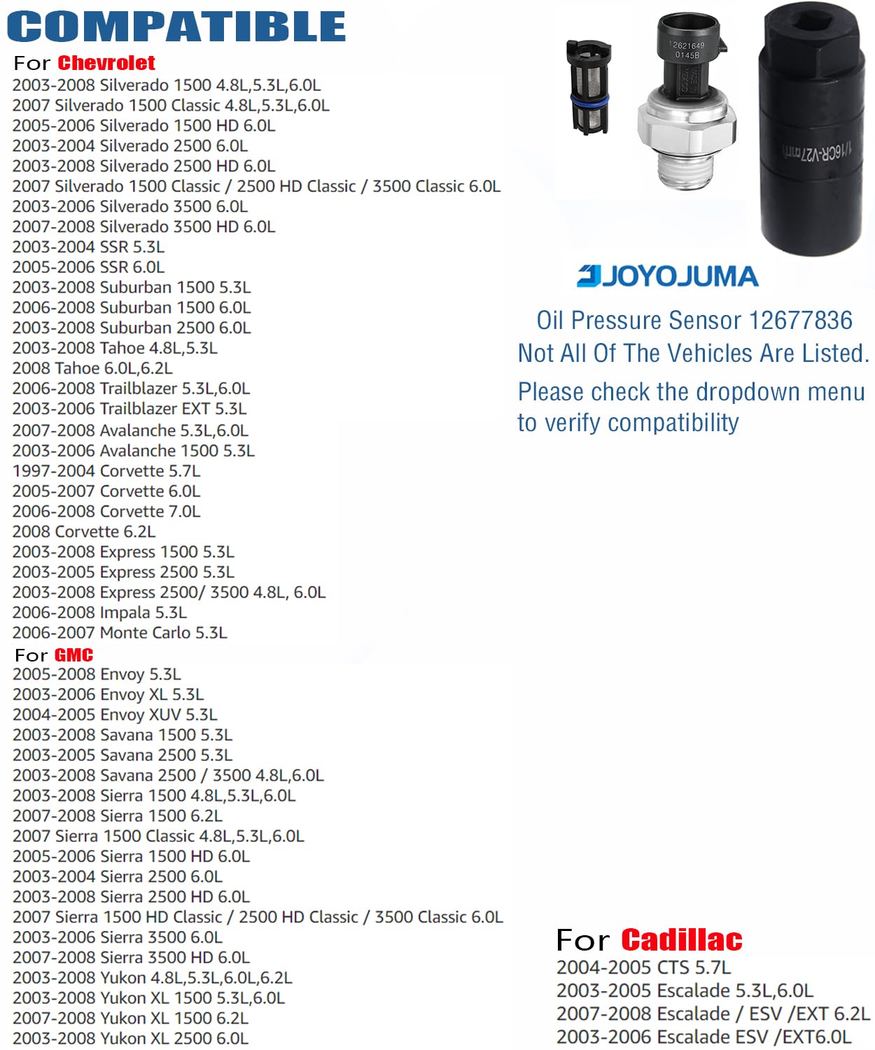 JOYOJUMA oil pressure sensor with filter kit ensures easy replacement.