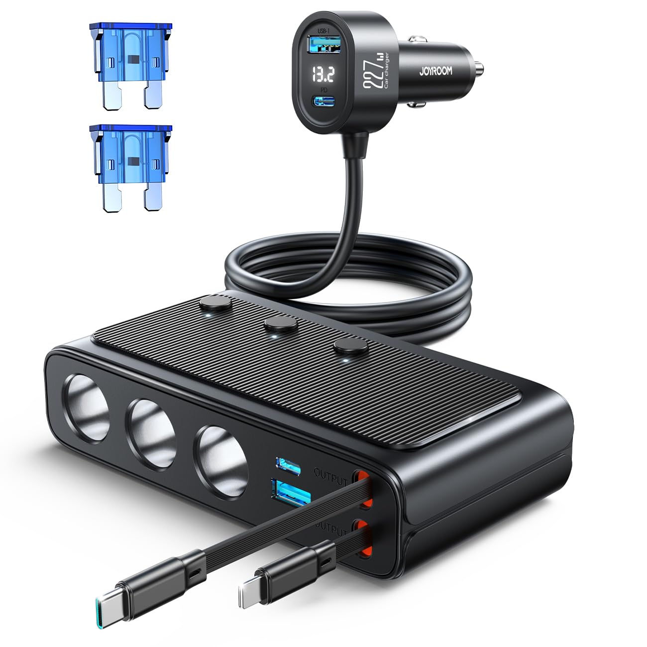 JOYROOM 9-in-1 front view shows nine ports for simultaneous car charging.