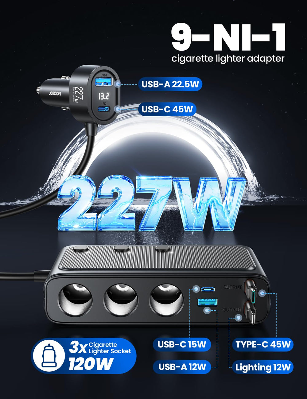 JOYROOM 9-in-1 rear view highlights accessible ports and tidy cable layout.