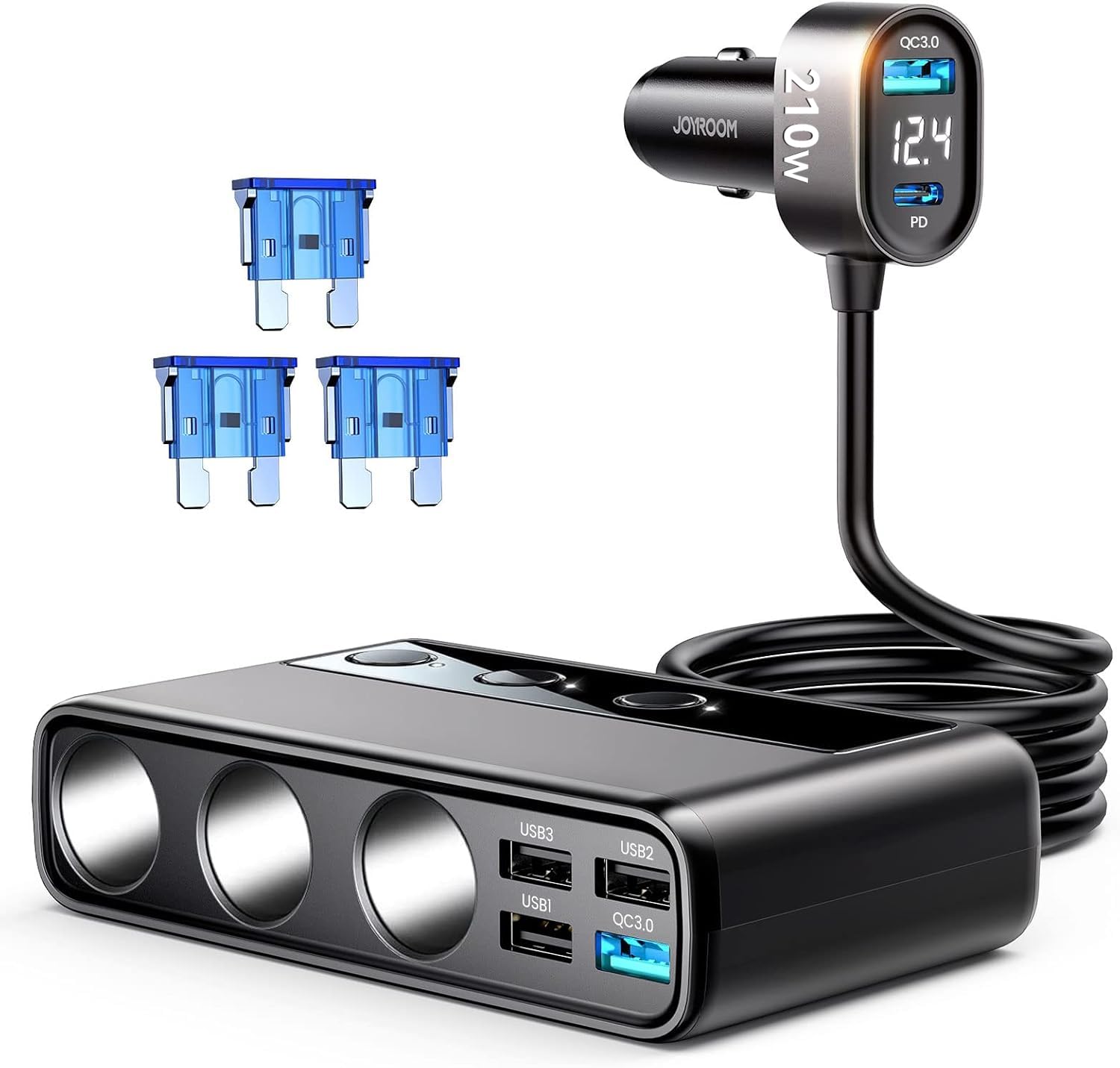 JOYROOM 9-in-1 cigarette lighter adapter powering multiple devices in car