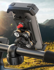 JOYROOM anti-shake bike phone holder mounted on a handlebar for stability.