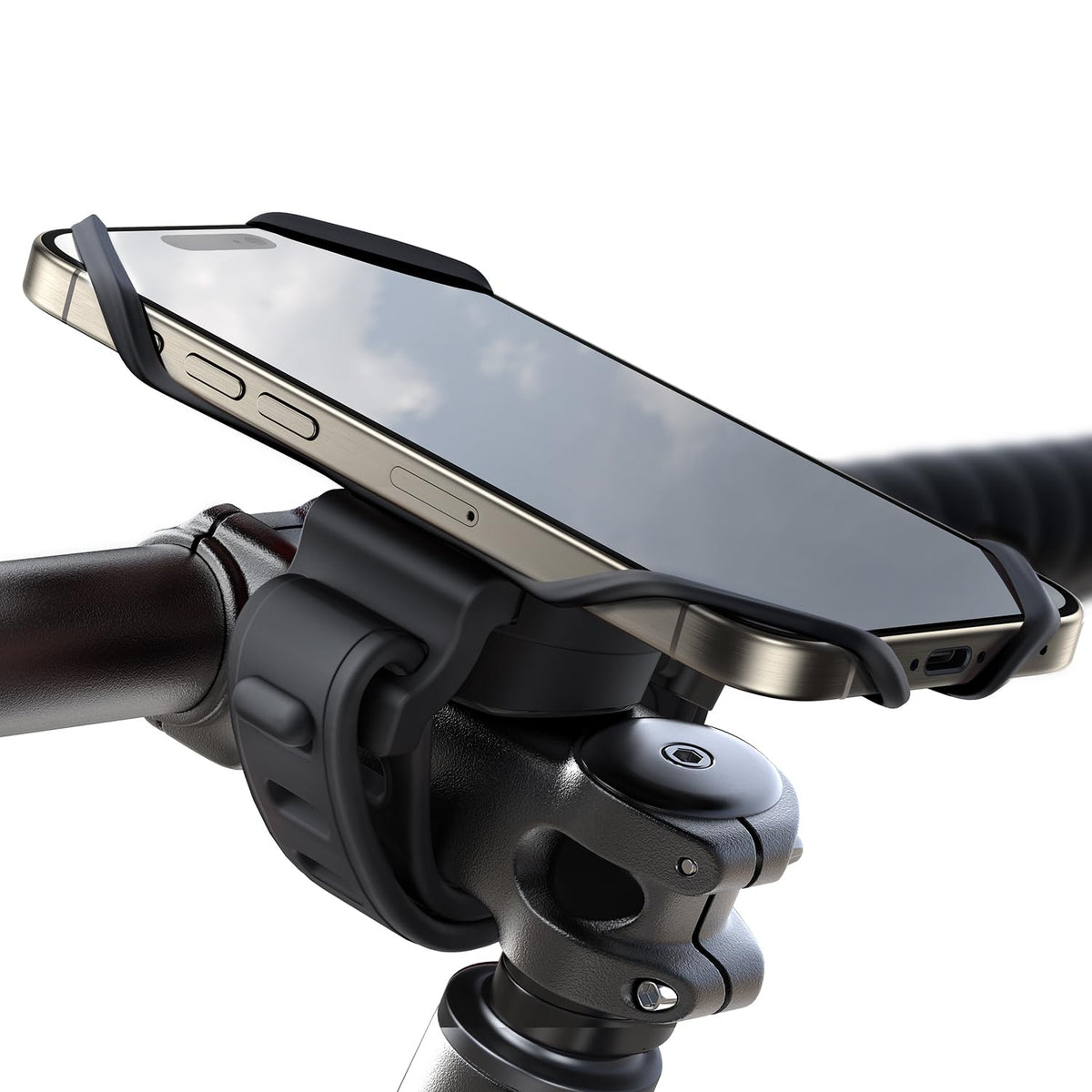 JOYROOM bike phone holder with soft silicone base absorbs bumps for phone protection during rides.