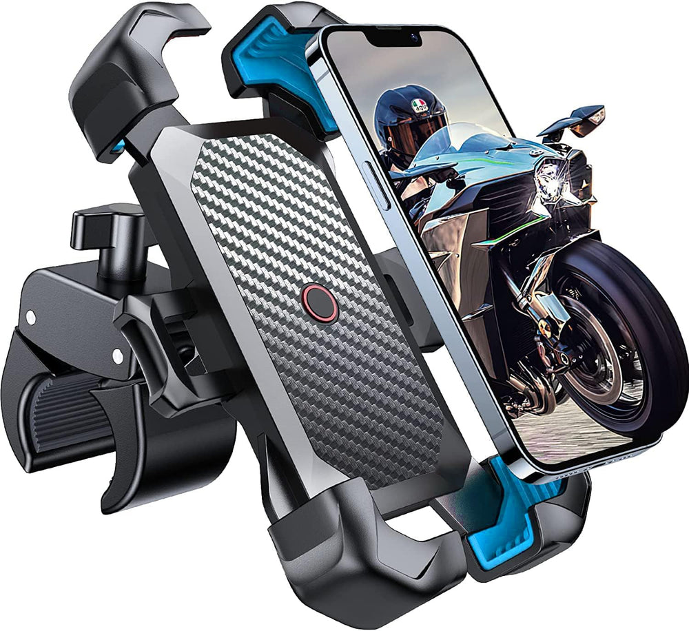 JOYROOM motorcycle mount shows the 1s auto lock button for secure one‑hand operation.
