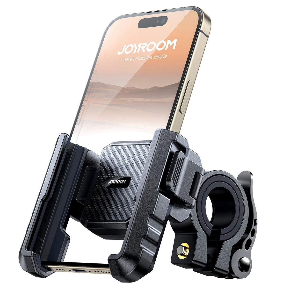 JOYROOM motorcycle phone holder clamp secures devices on rough roads.