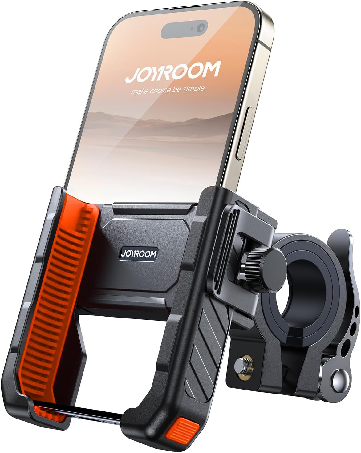 JOYROOM motorcycle phone holder main view showing secure grip on rough roads