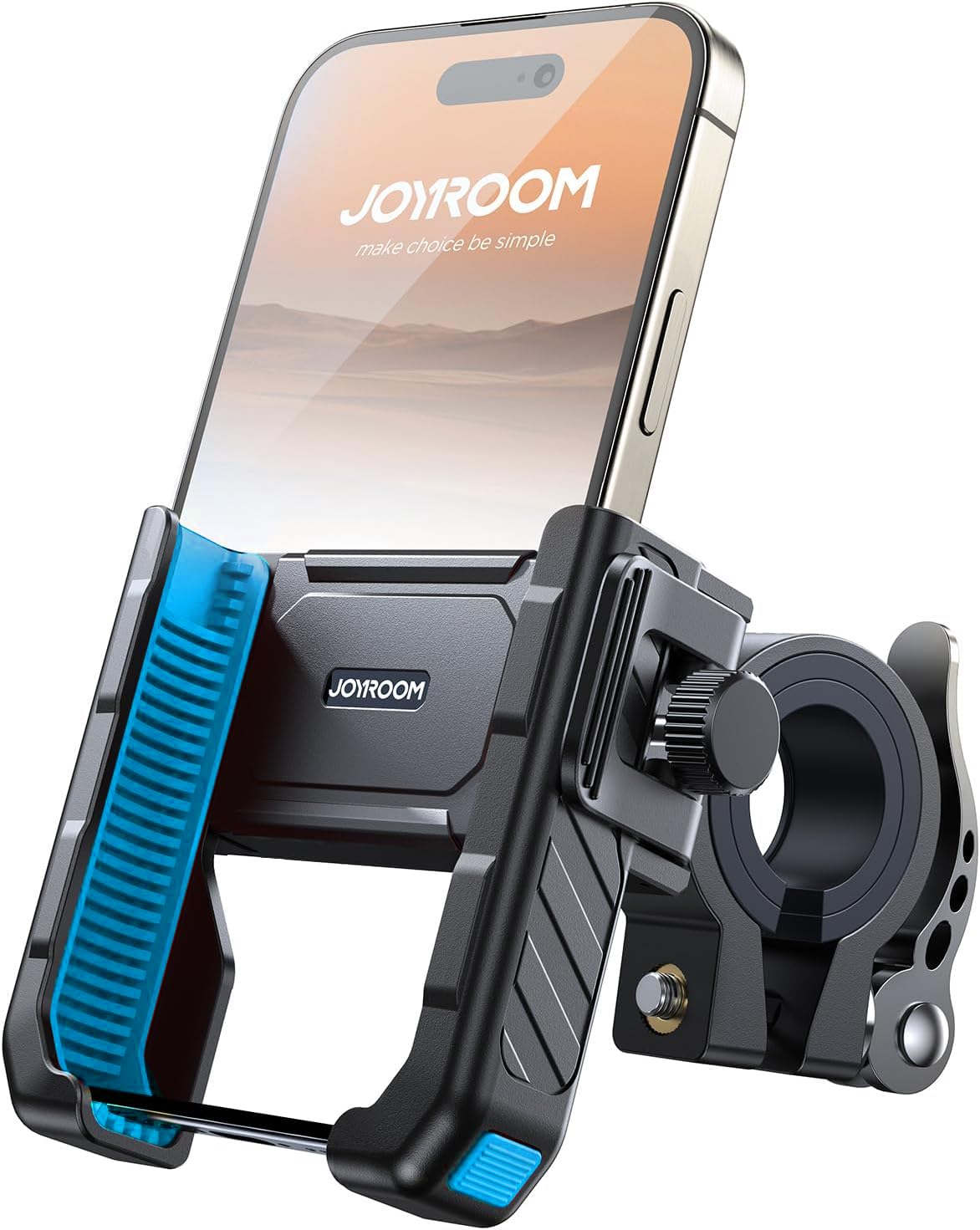 JOYROOM motorcycle phone holder on handlebars provides secure grip for navigation.