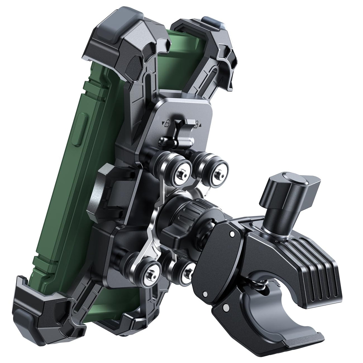 JOYROOM motorcycle mount with dual vibration dampener secures devices on rough roads.