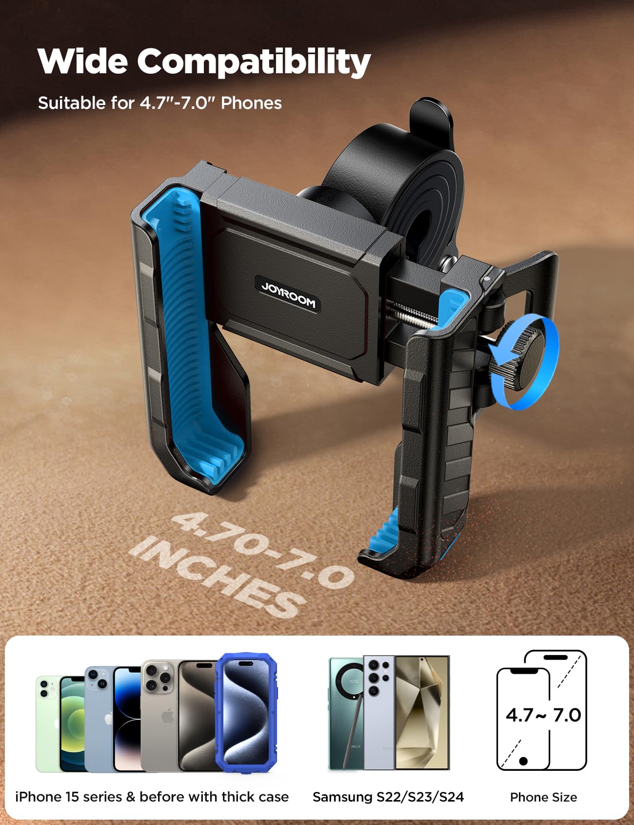 JOYROOM fits 4.7-7 inch phones with adjustable clamp.