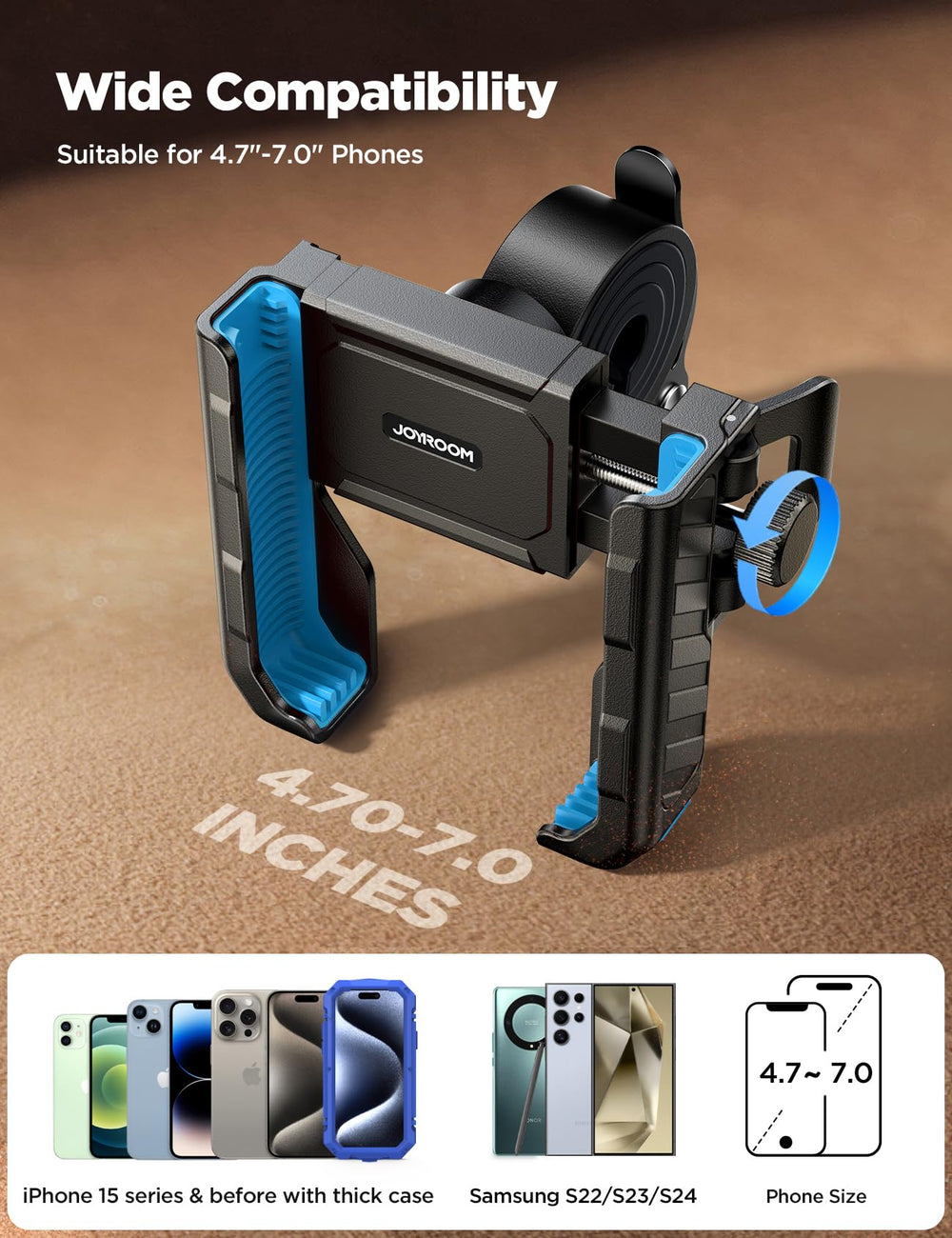 JOYROOM fits 4.7-7 inch phones with adjustable clamp.