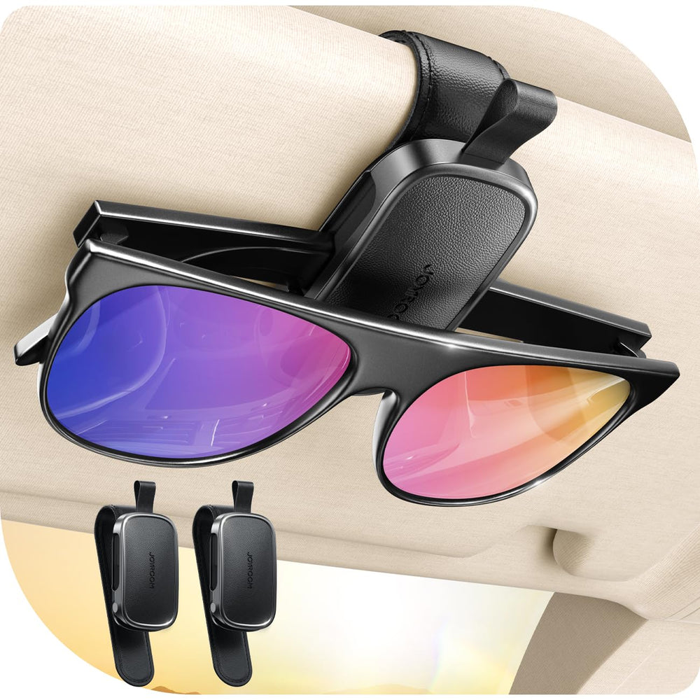 JOYROOM magnetic visor clip secures sunglasses on car visor.