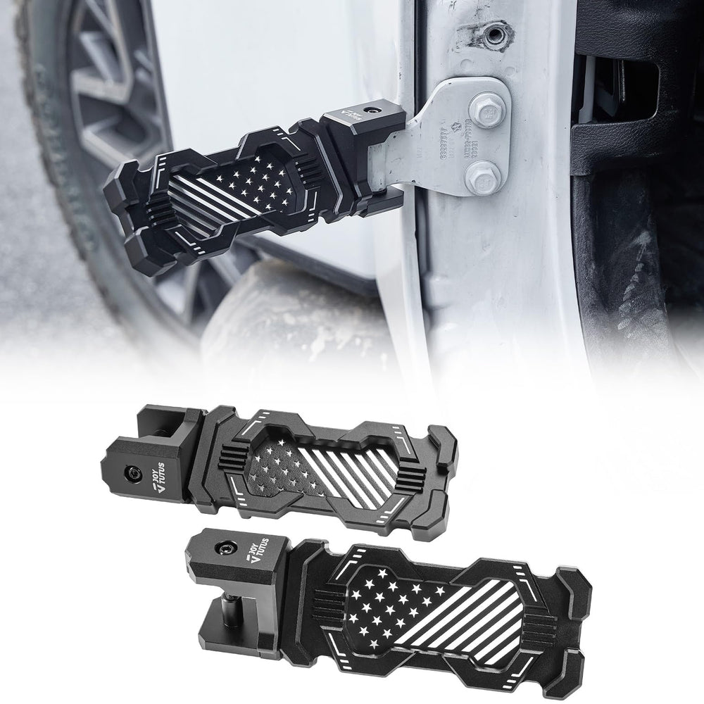 JOYTUTUS 120° foot pegs front view highlight rugged aluminum build for Wrangler off-road use.