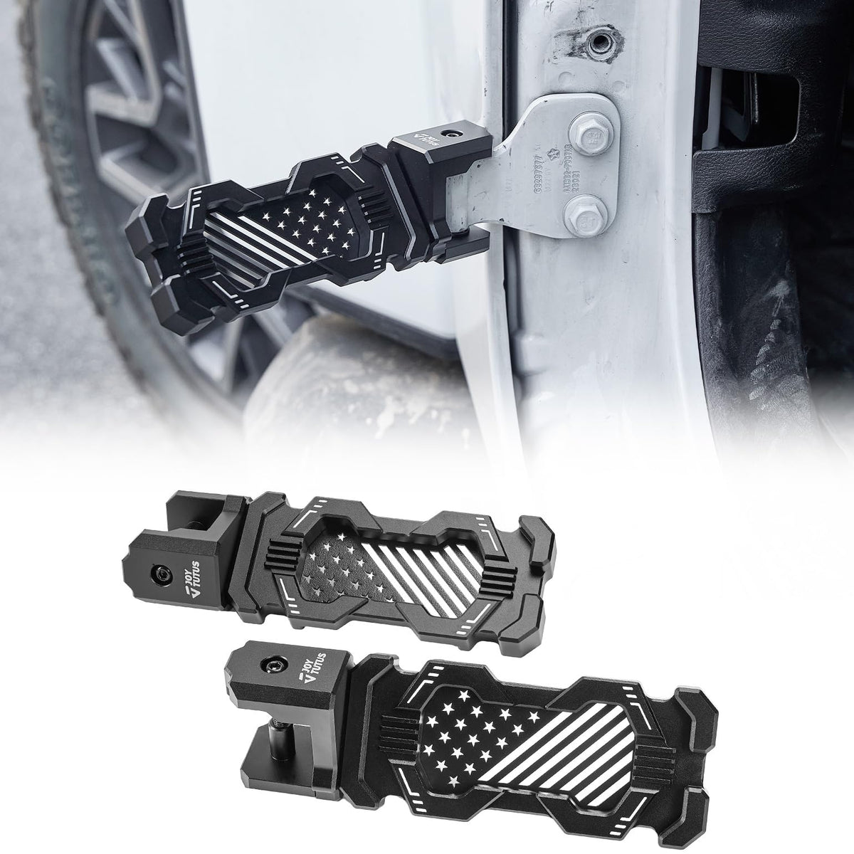 JOYTUTUS 120° foot pegs front view highlight rugged aluminum build for Wrangler off-road use.