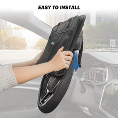 JoyTutus car tray folded back‑seat setup for passengers on trips