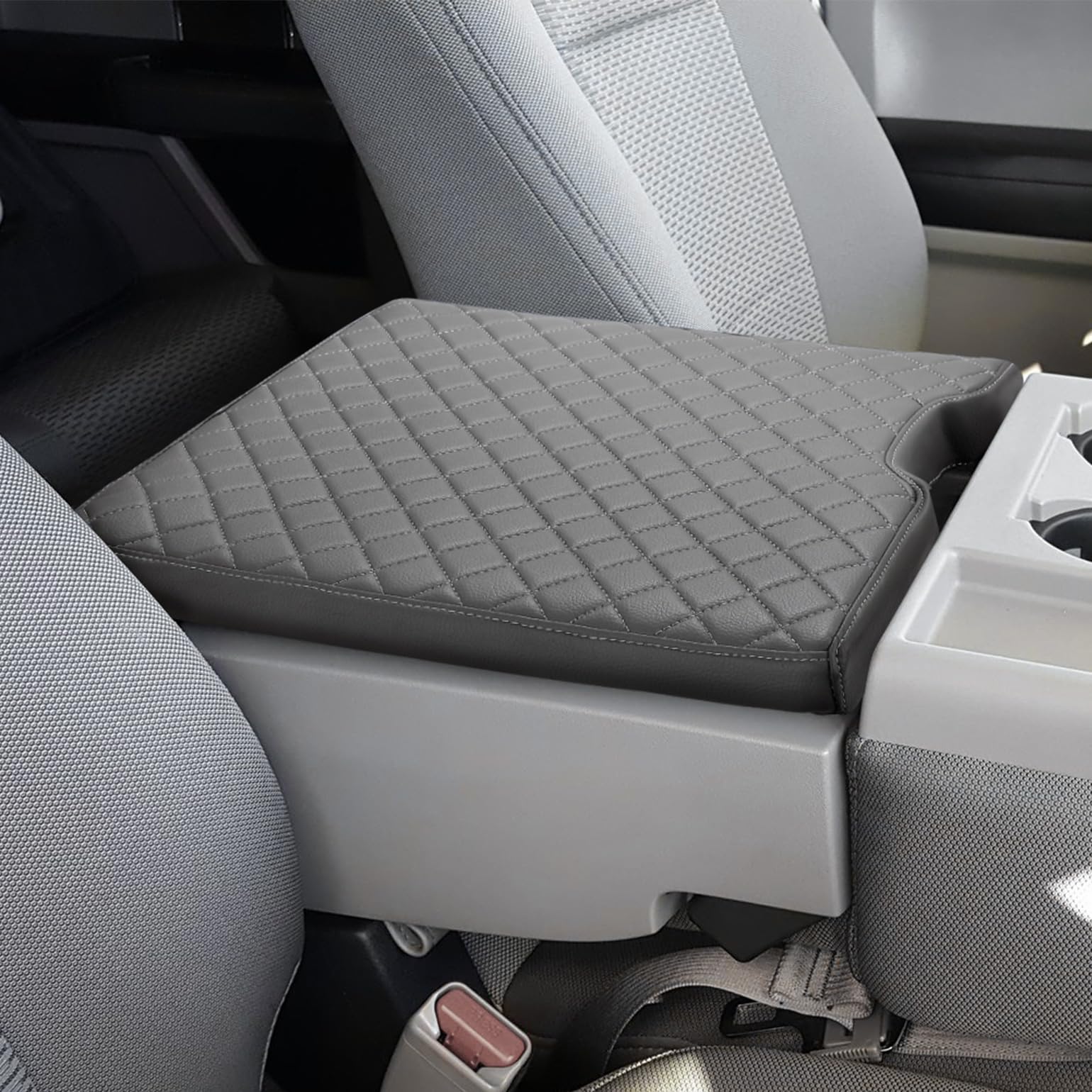 JOYTUTUS center console cover on Ford F-150 jump seat top view showing snug fit