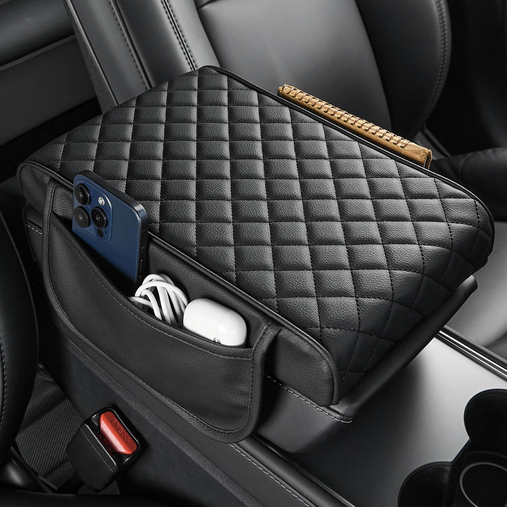JOYTUTUS center console cover in scratch-resistant leather protects SUV top and sides for daily use.
