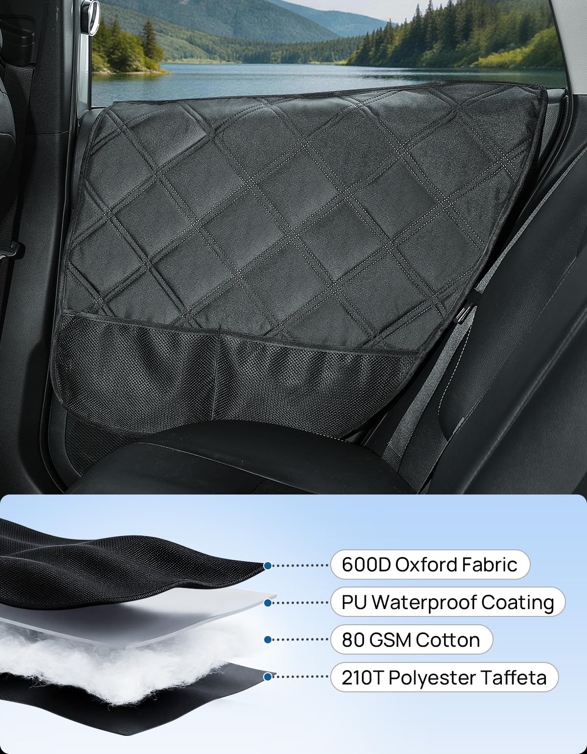 JOYTUTUS dog car door protector keeps the car tidy during travel.
