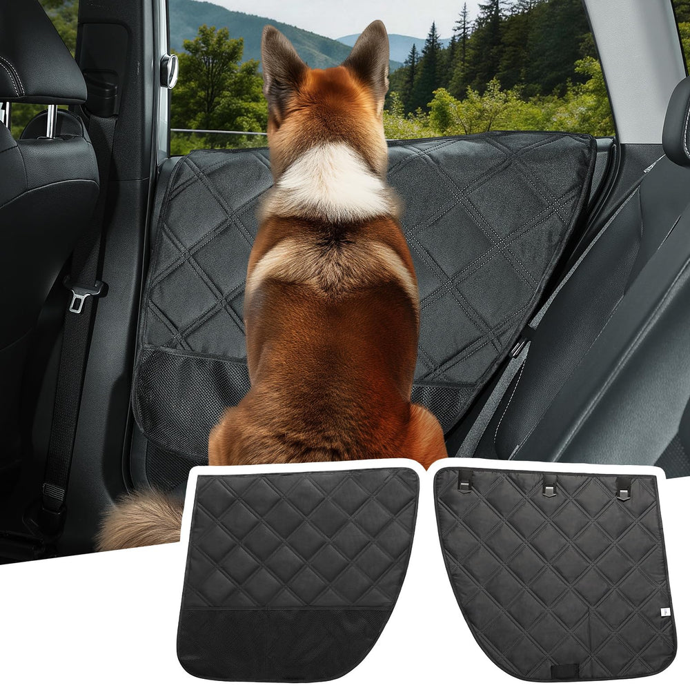 JOYTUTUS dog car door protector on a sedan door guards against scratches from paws.