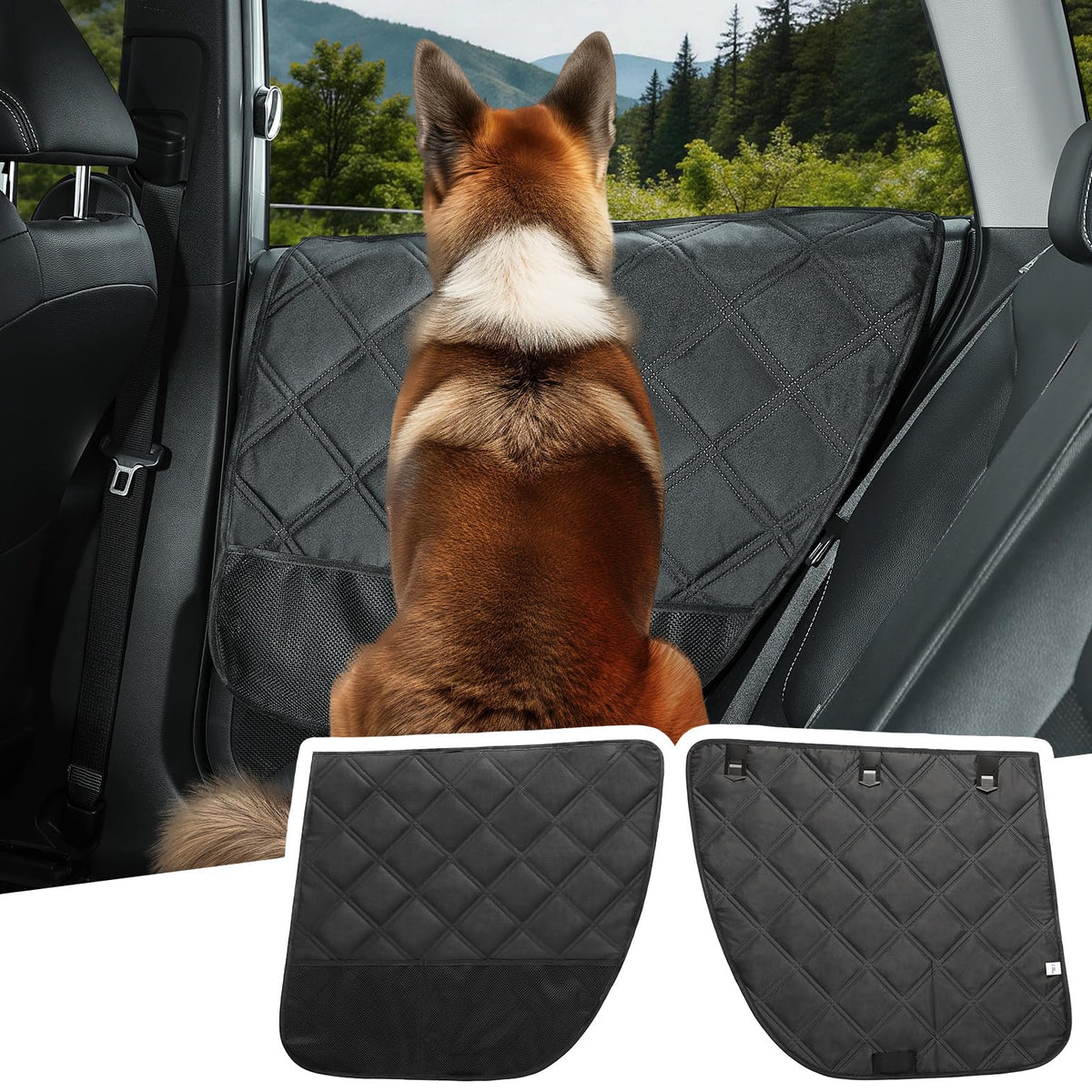 JOYTUTUS dog car door protector on a sedan door guards against scratches from paws.