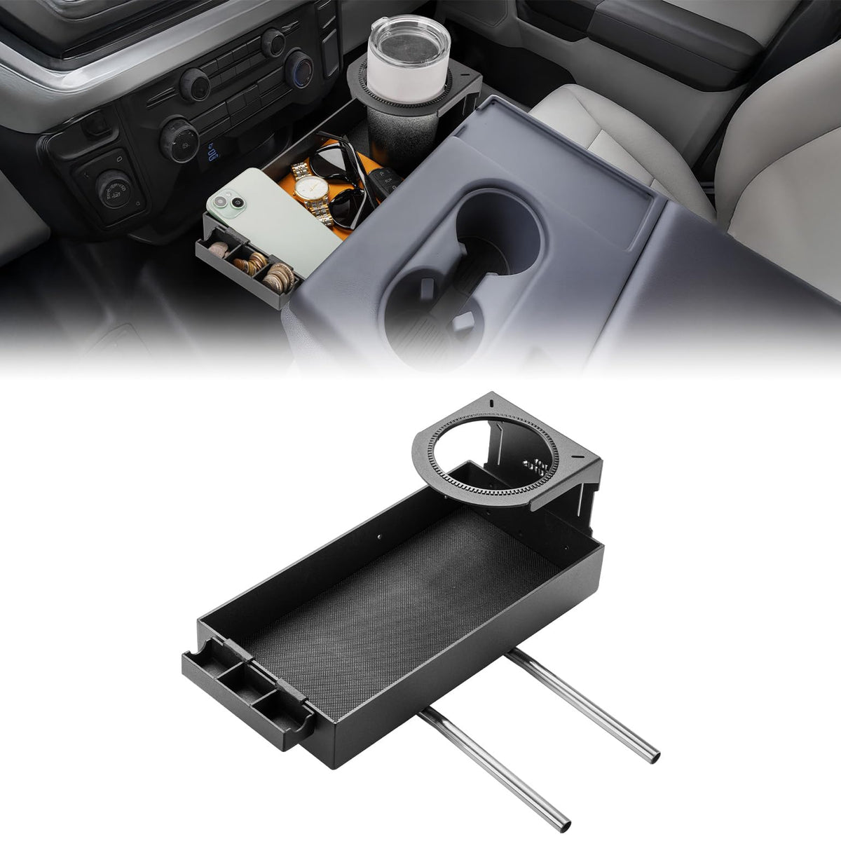 JOYTUTUS headrest organizer front center keeps essentials within easy reach.