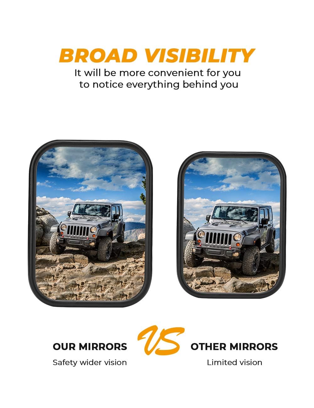 Joytutus doors-off left mirror provides broad rear visibility on rugged trails