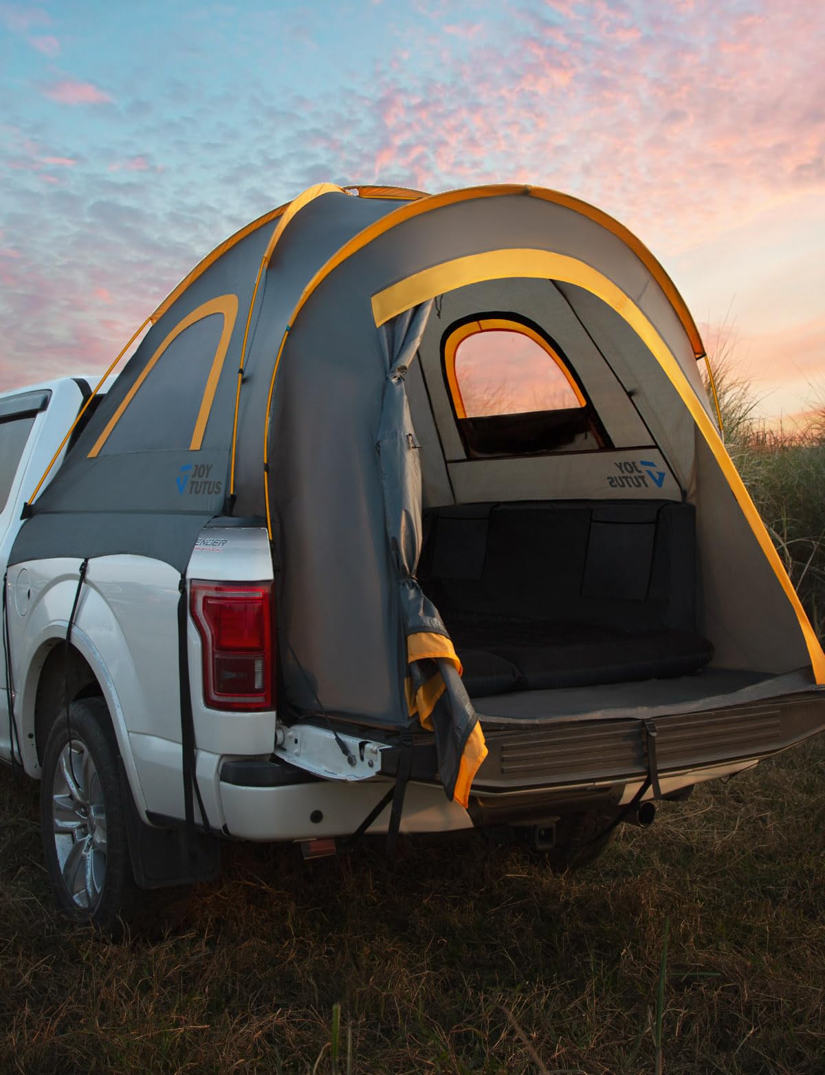 Joytutus 5ft truck bed tent side setup shows easy, color-guided assembly.