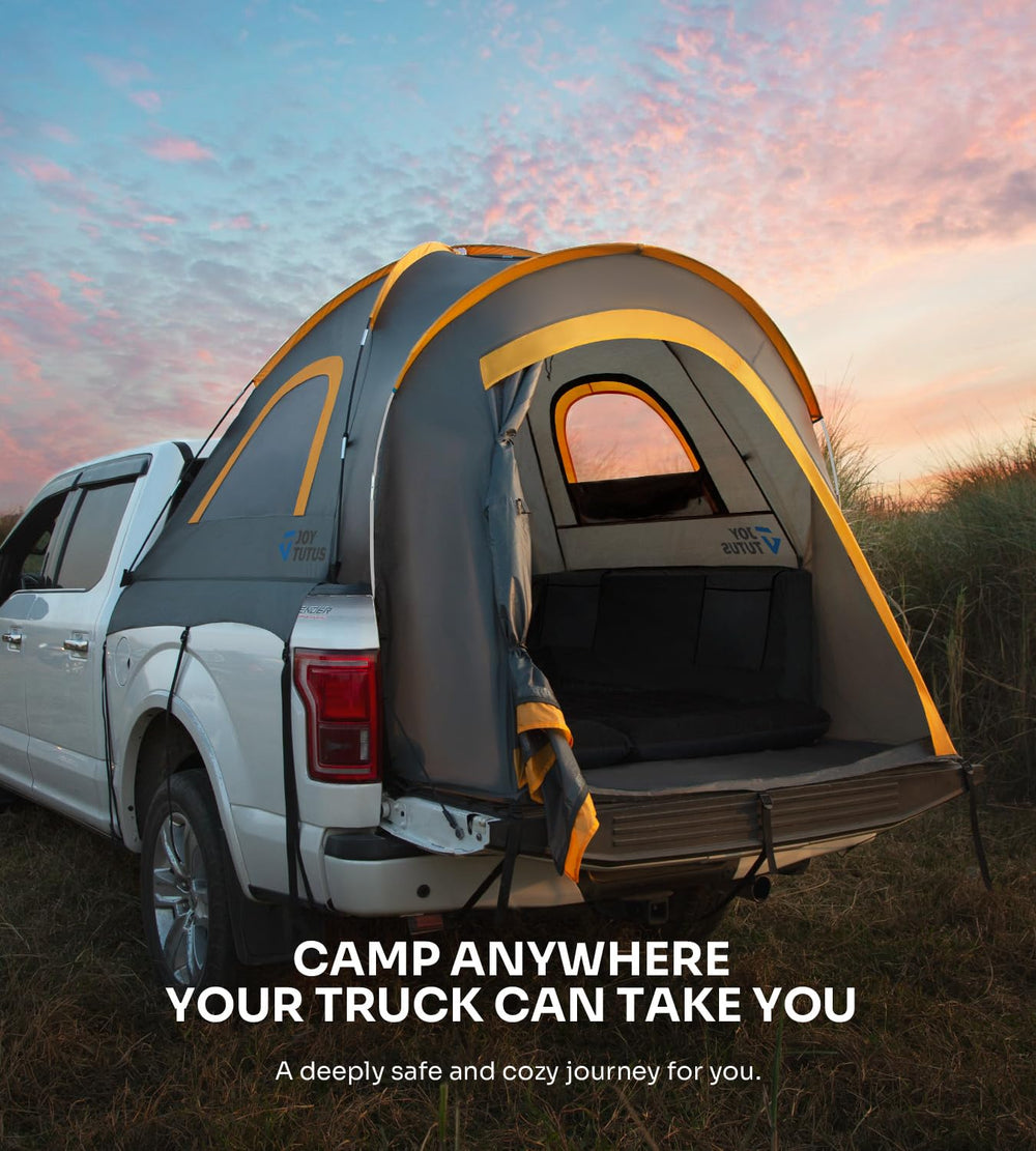 Joytutus pickup tent front view reveals rugged orange weatherproof shelter