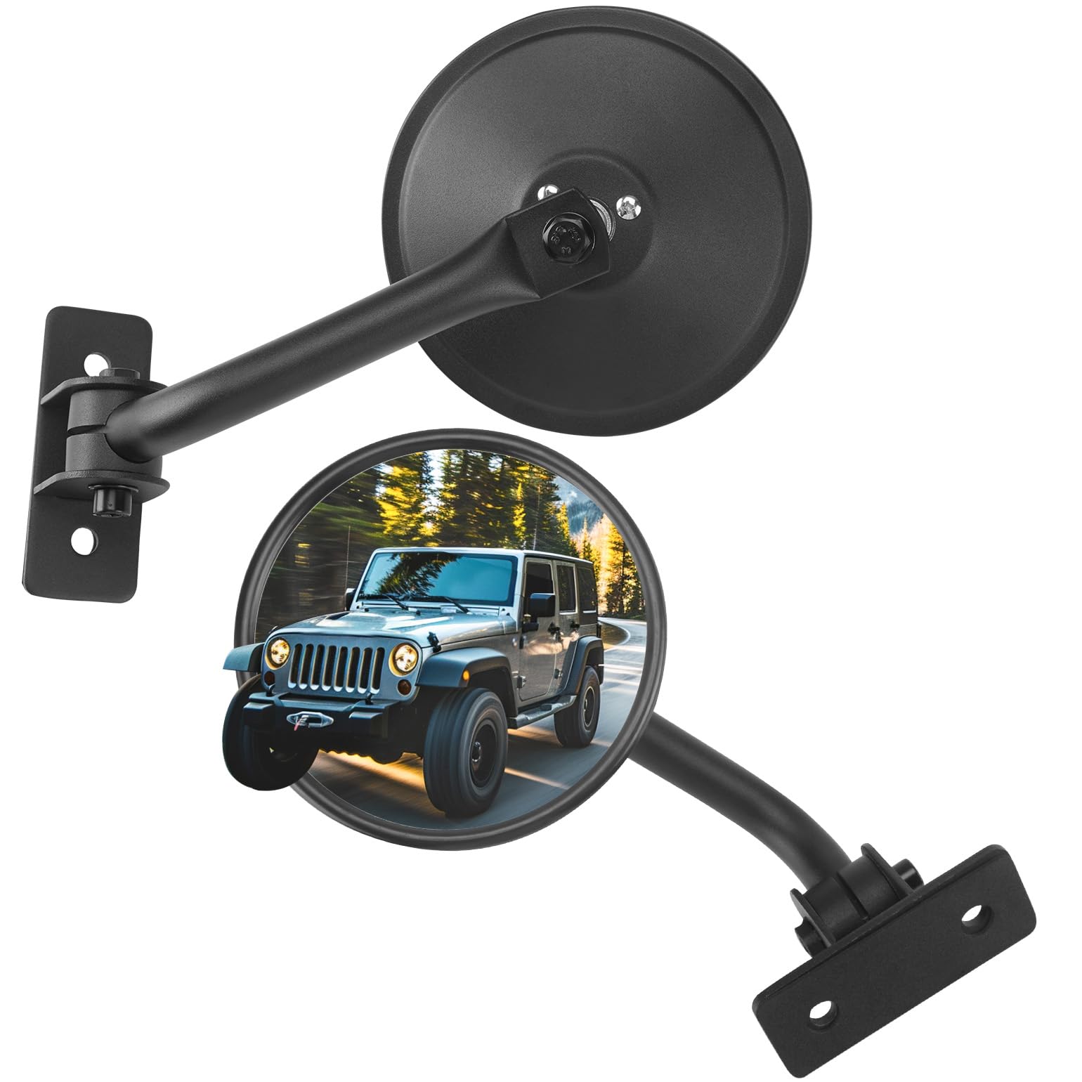 JOYTUTUS round Wrangler mirrors with doors off for enhanced rear visibility on trails.