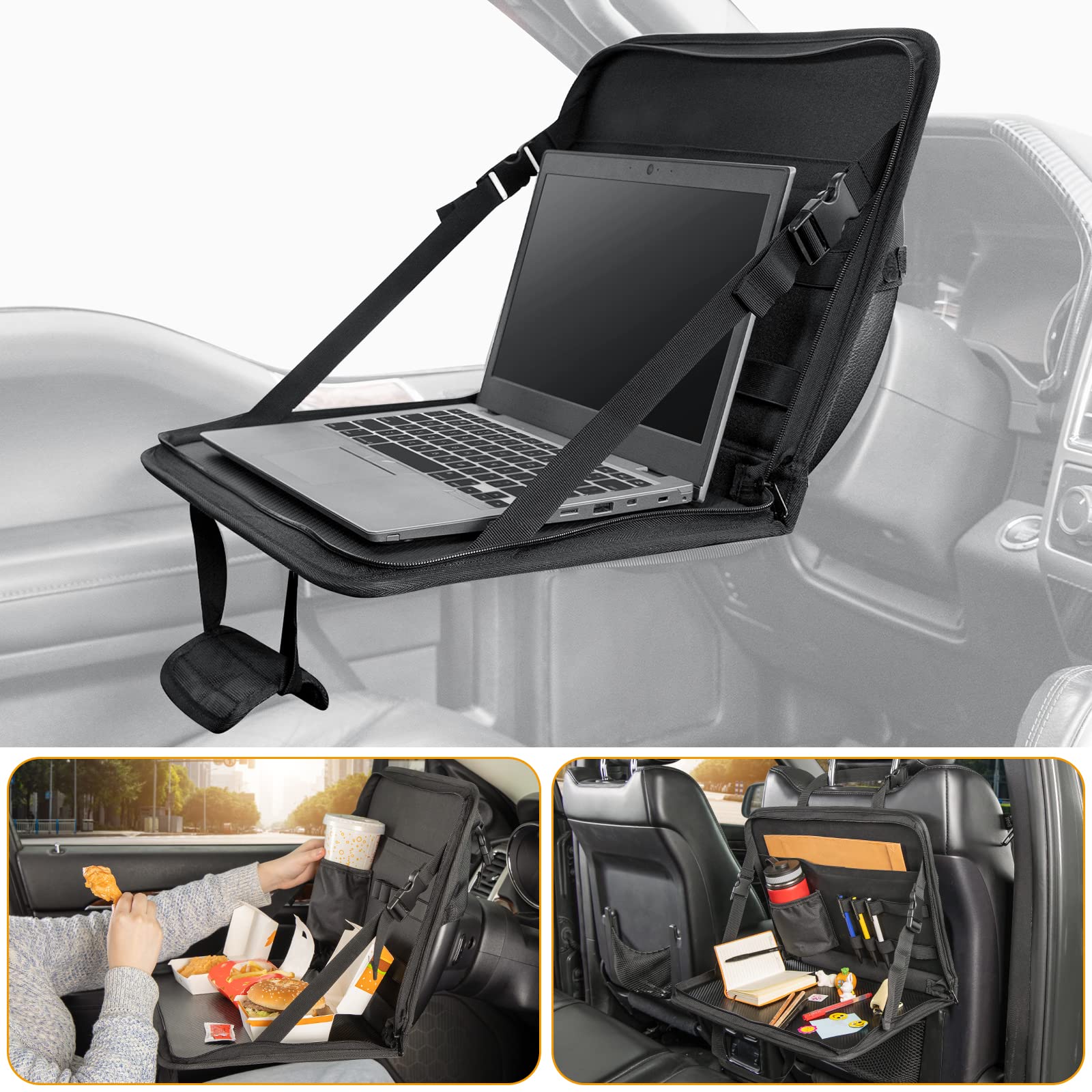 JoyTutus steering wheel desk front view showing sturdy surface for meals and laptop use